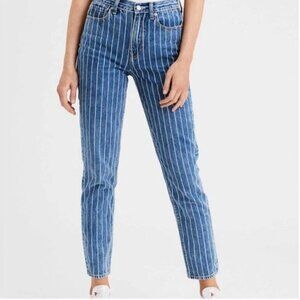 American Eagle Blue Pinstripe High Rise Straight Leg Mom Jeans Women’s Size 4